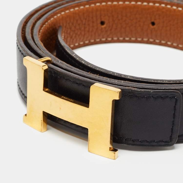 Pre Owned Hermes Black/Gold Togo and Box Leather Constance Reversible Belt 90CM