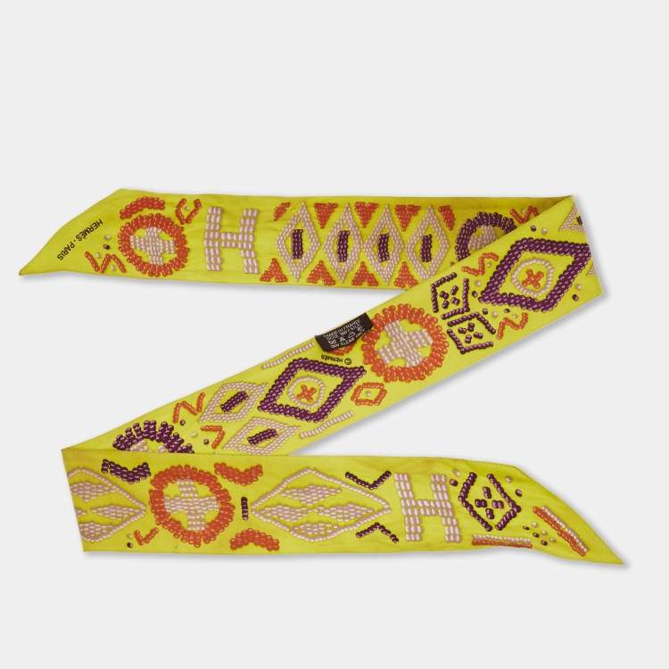 Pre Owned Hermes Lime Green Kelly en Perles Silk Twilly Scarf Set of 2