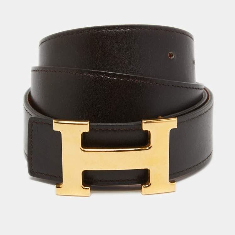 Pre Owned Hermes Orange/Chocolat Togo and Box Leather H Buckle Reversible Belt 100CM