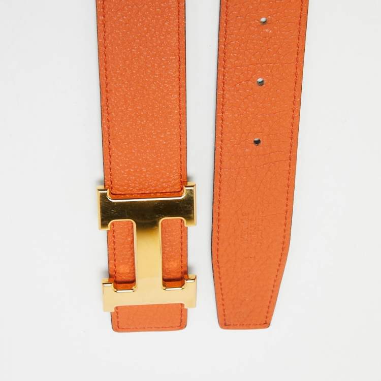 Hermes Orange/Chocolat Togo and Box Leather H Buckle Reversible Belt 75CM  Hermes