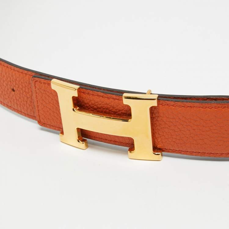 Pre Owned Hermes Orange/Chocolat Togo and Box Leather H Buckle Reversible Belt 100CM