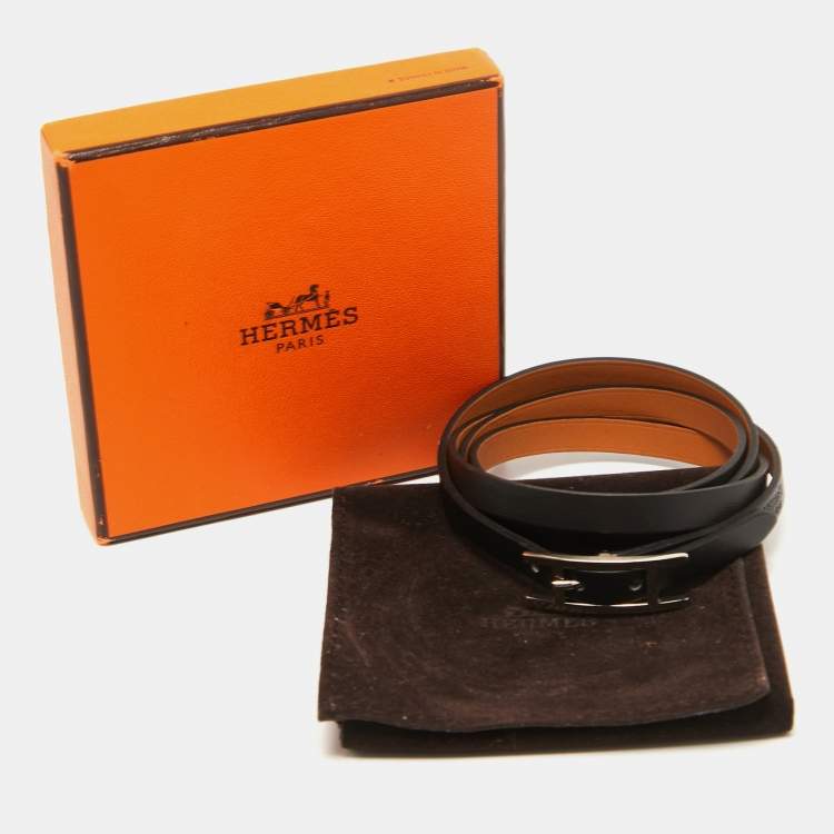 Pre Owned Hermes Black Leather Palladium Plated Hapi 4 Quad Tour Bracelet