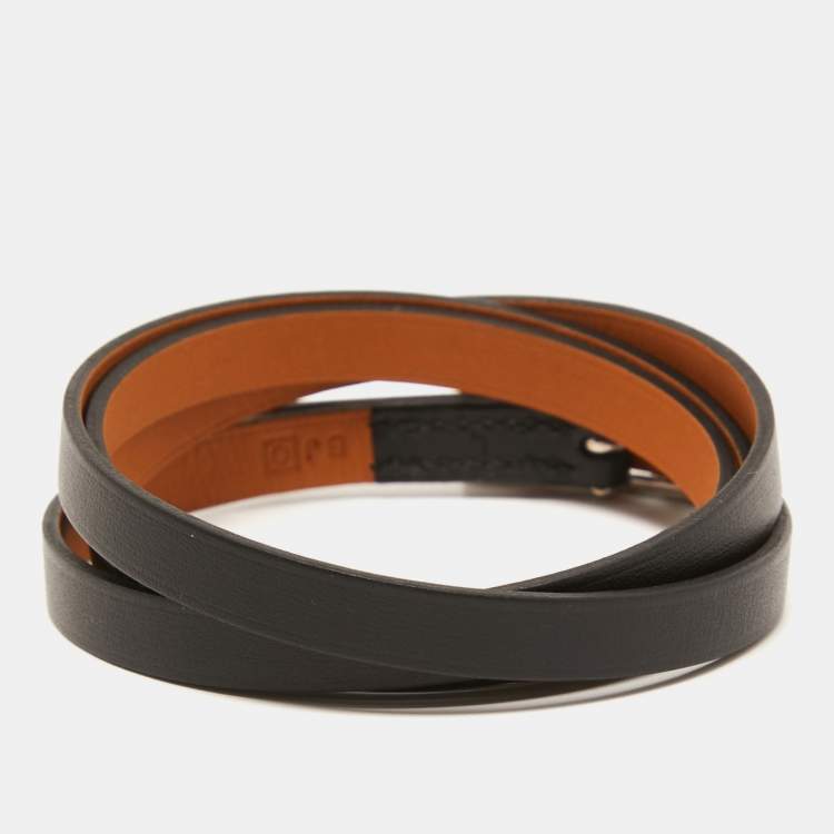 Pre Owned Hermes Black Leather Palladium Plated Hapi 4 Quad Tour Bracelet