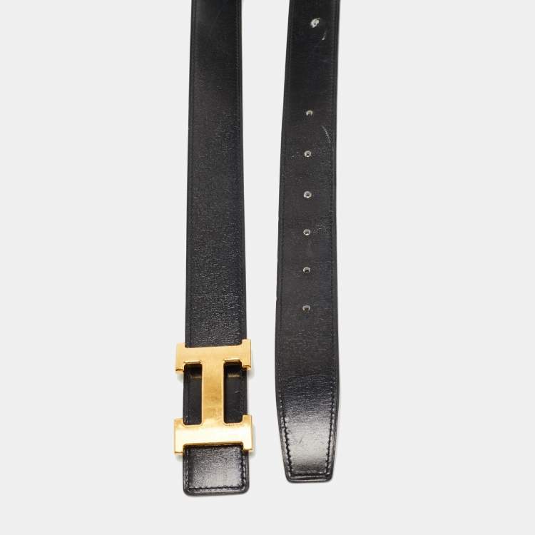 Pre Owned Hermes Black/Gold Chamonix/Togo Leather H Buckle Reversible Belt 90CM