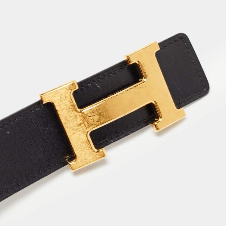 Pre Owned Hermes Black/Gold Chamonix/Togo Leather H Buckle Reversible Belt 90CM