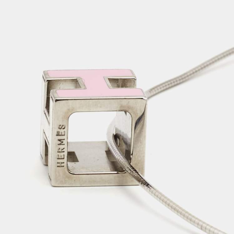 Pre Owned Hermes Silver/Pink Enamel Cage d'H Cube Pendant Necklace