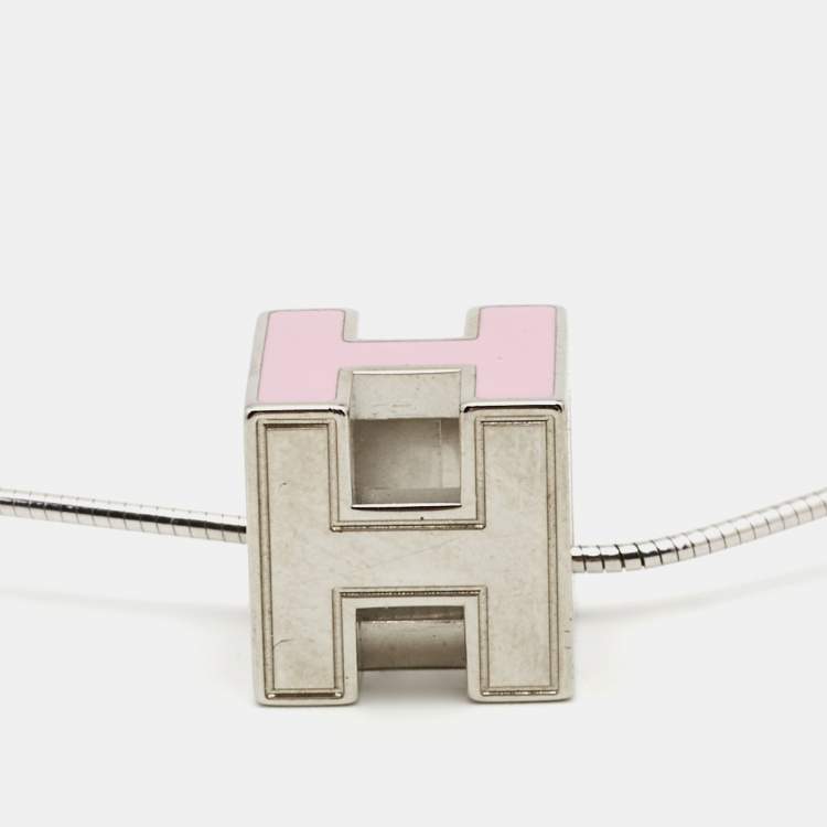 Pre Owned Hermes Silver/Pink Enamel Cage d'H Cube Pendant Necklace