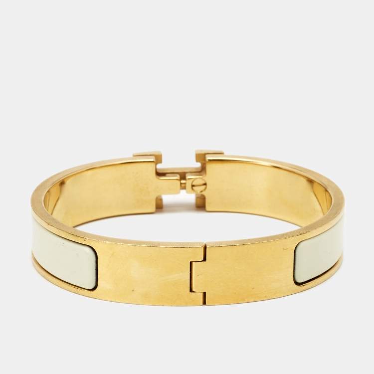 Pre Owned Hermes Clic H White Enamel Gold Plated Narrow Bracelet