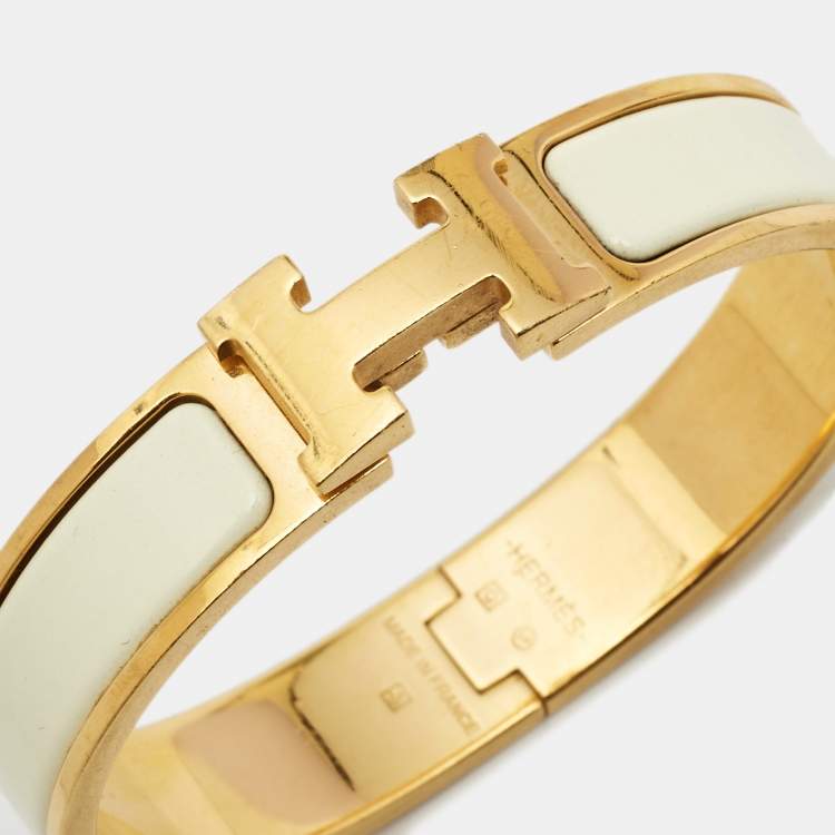 Pre Owned Hermes Clic H White Enamel Gold Plated Narrow Bracelet
