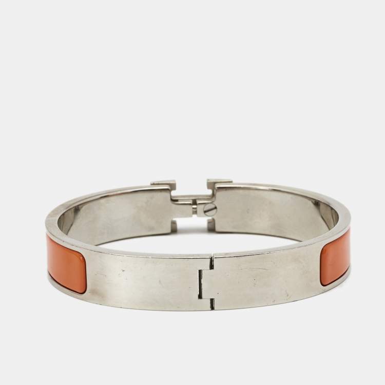 Pre Owned Hermes Clic H Orange Enamel Palladium Plated Narrow Bracelet