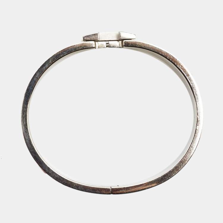Pre Owned Hermes Clic H Orange Enamel Palladium Plated Narrow Bracelet
