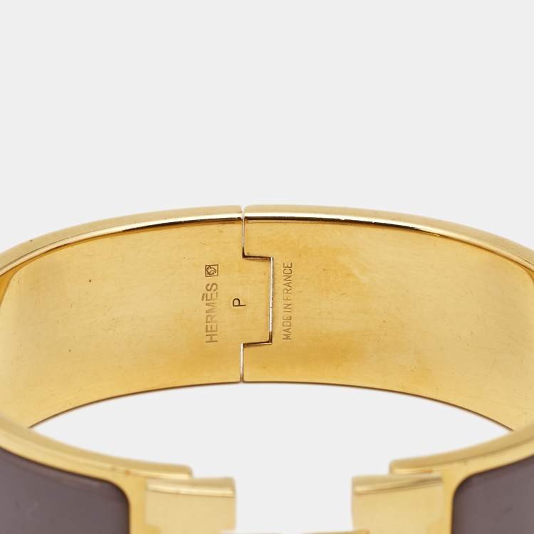 Pre Owned Hermès Clic Clac H Marron Glace Enamel Gold Plated Wide Bracelet