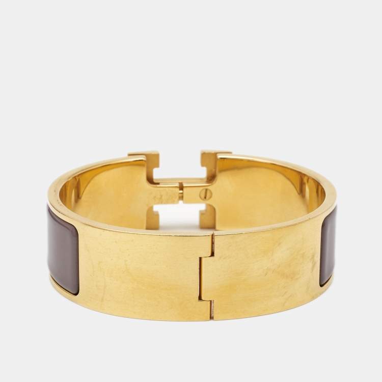 Pre Owned Hermès Clic Clac H Marron Glace Enamel Gold Plated Wide Bracelet