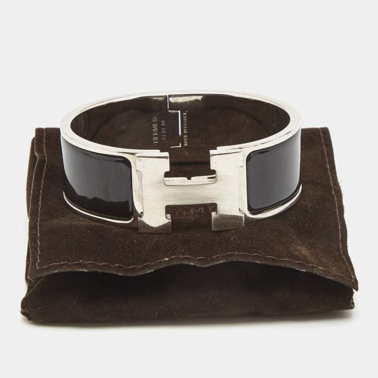 Pre Owned Hermès Clic Clac H Black Enamel Palladium Plated Wide Bracelet