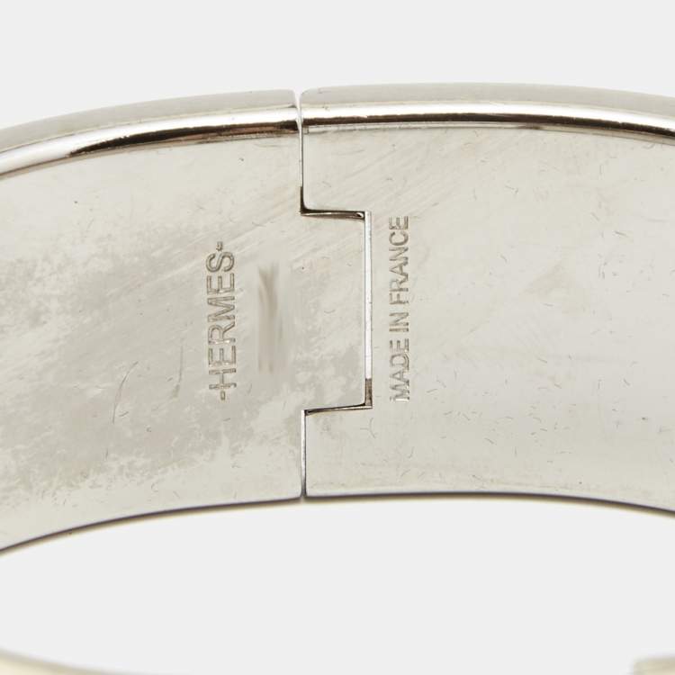 Pre Owned Hermès Clic Clac H Black Enamel Palladium Plated Wide Bracelet