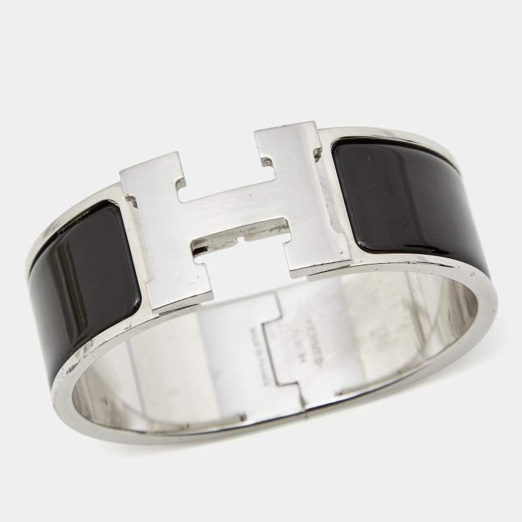 Pre Owned Hermès Clic Clac H Black Enamel Palladium Plated Wide Bracelet