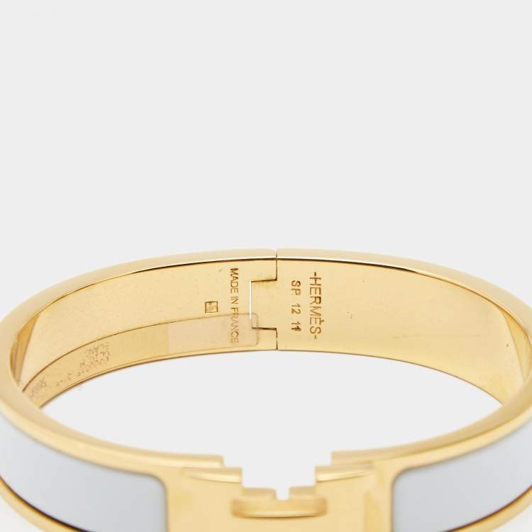 Pre Owned Hermes Clic H White Enamel Gold Plated Bracelet