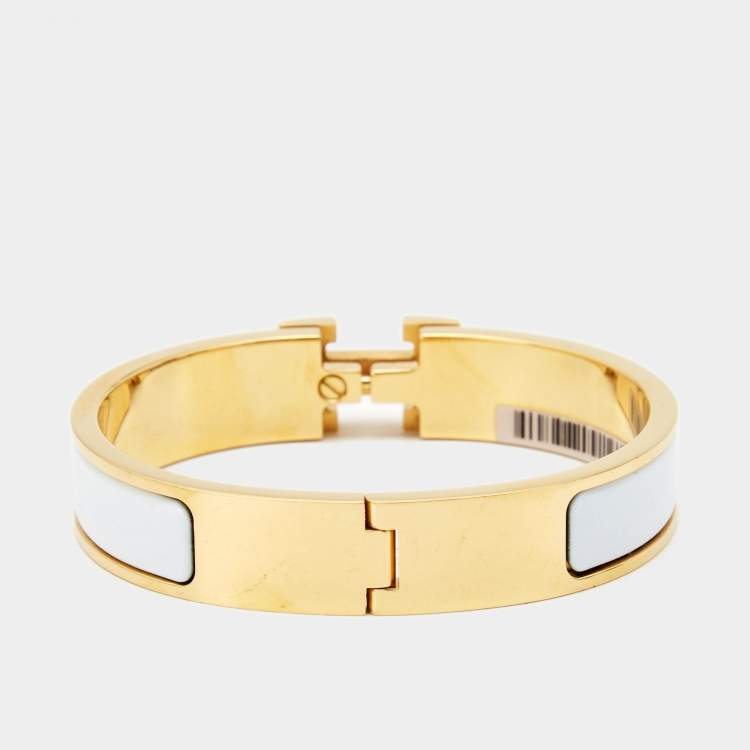 Pre Owned Hermes Clic H White Enamel Gold Plated Bracelet
