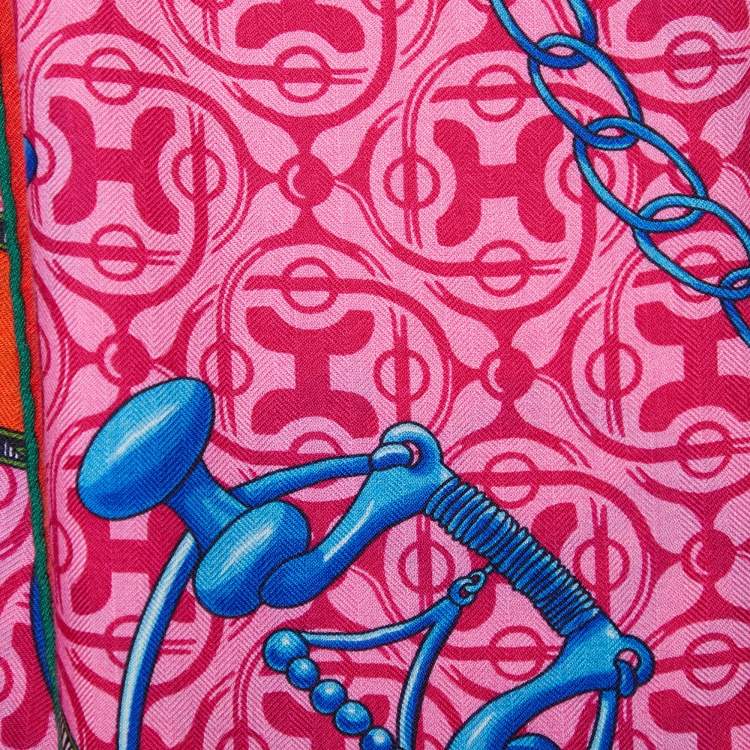 Pre Owned Hermes Pink Mors Et Gourmettes Printed Cashmere & Silk Square Scarf