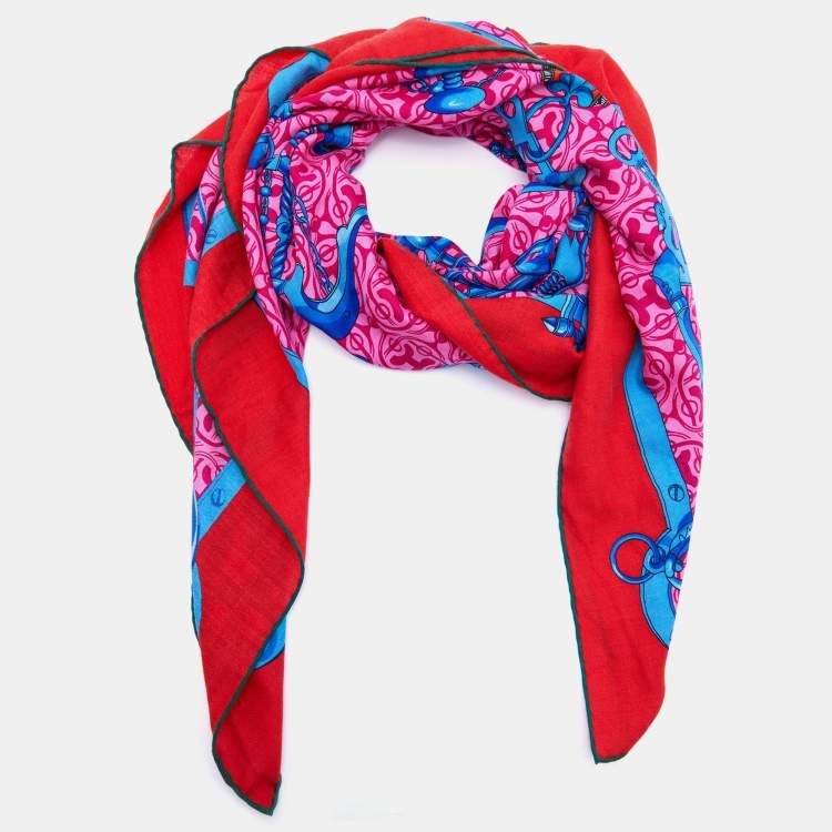 Pre Owned Hermes Pink Mors Et Gourmettes Printed Cashmere & Silk Square Scarf