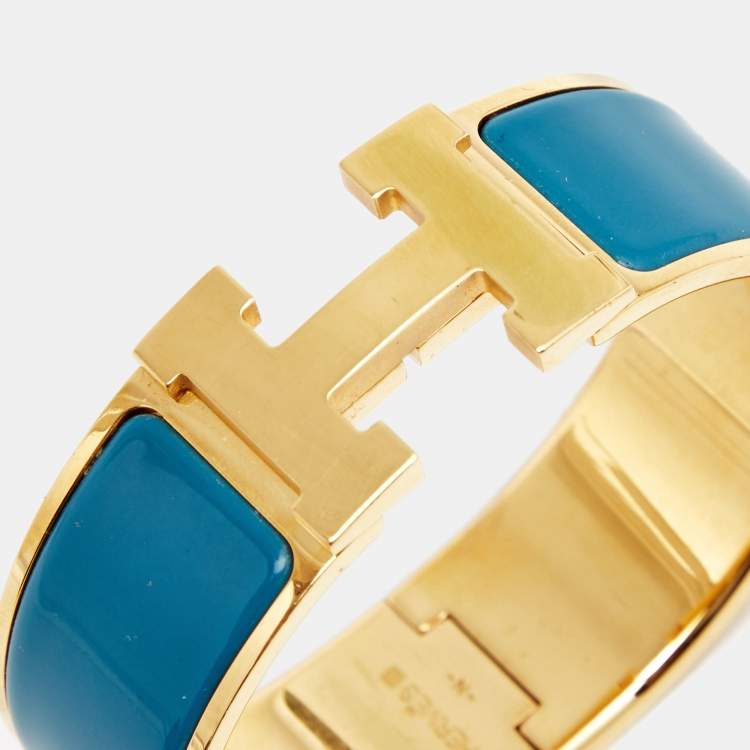 Pre Owned Hermes Clic Clac H Blue Enamel Gold Plated Wide Bracelet