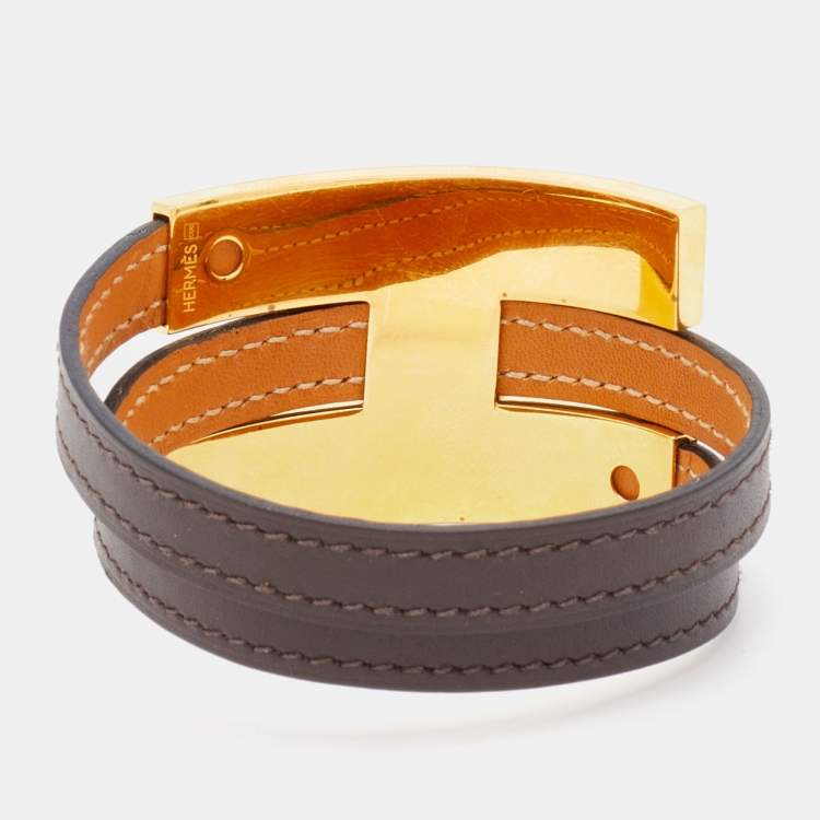 Pre Owned Hermes Pousse Pousse Brown Leather Gold Plated Bracelet