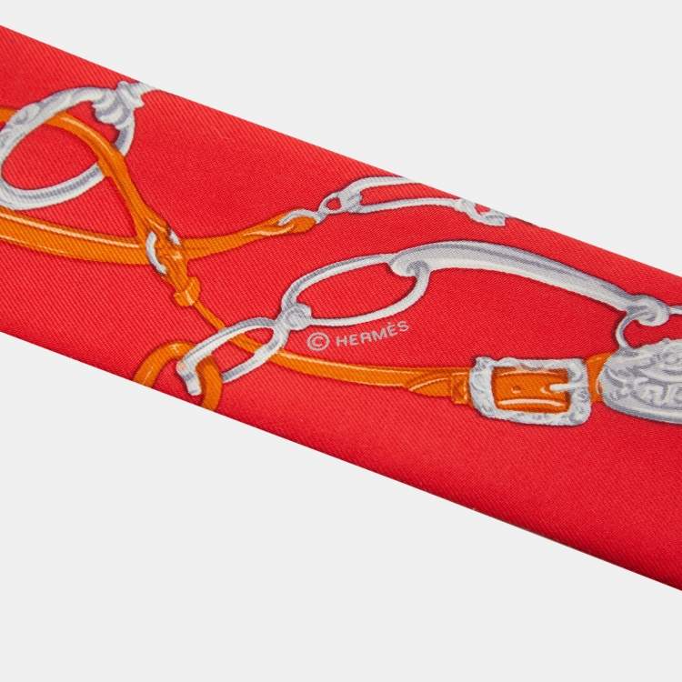 Pre Owned Hermes Red Printed Silk Twilly