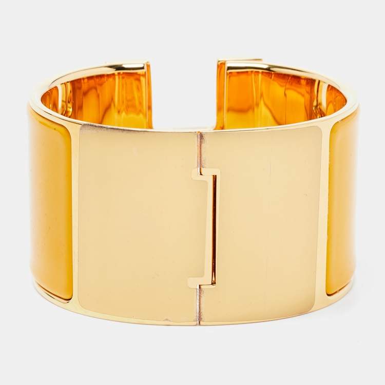 Pre Owned Hermes Clic Clac H Yellow Enamel Gold Plated Extra Wide Bracelet