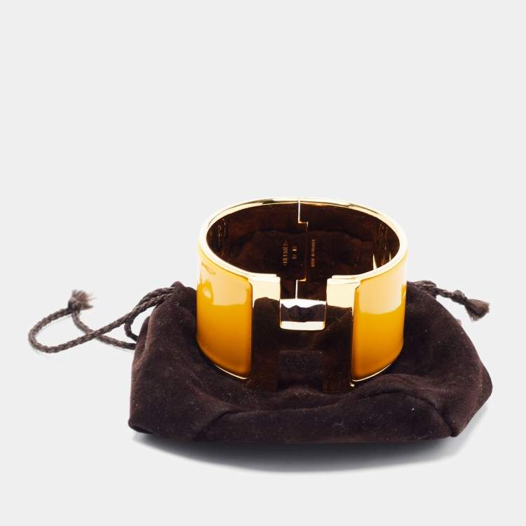 Pre Owned Hermes Clic Clac H Yellow Enamel Gold Plated Extra Wide Bracelet