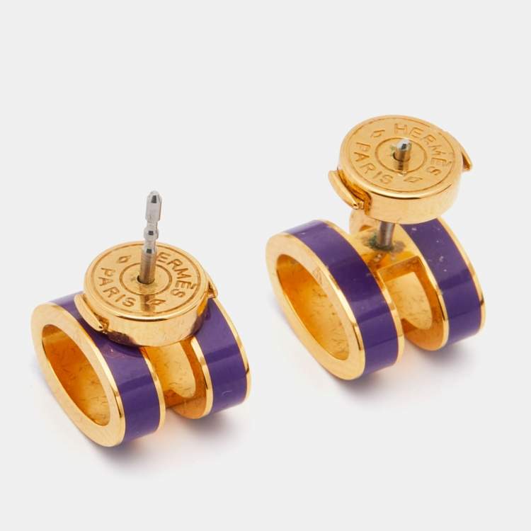 Pre Owned Hermes Pop H Purple Lacquered Gold Plated Stud Earrings