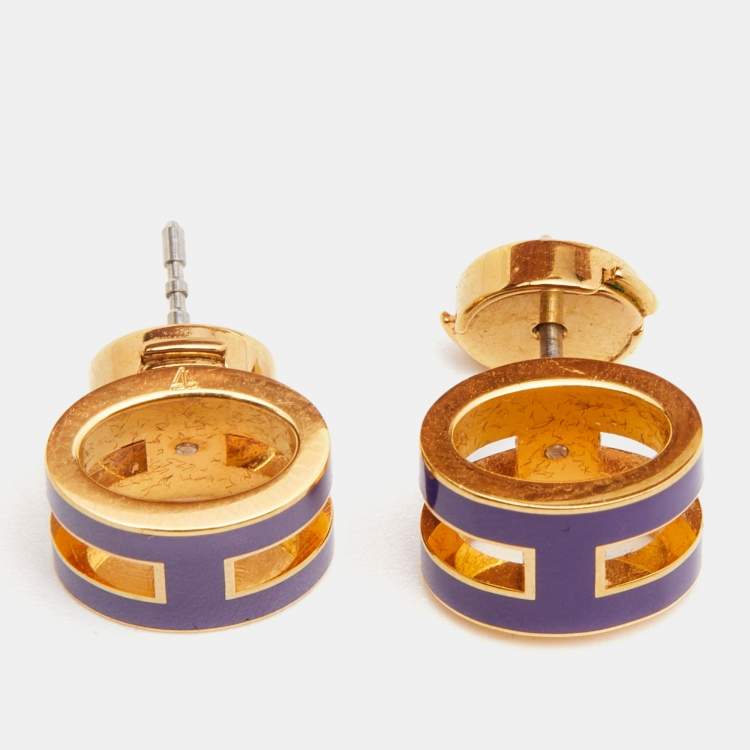 Pre Owned Hermes Pop H Purple Lacquered Gold Plated Stud Earrings