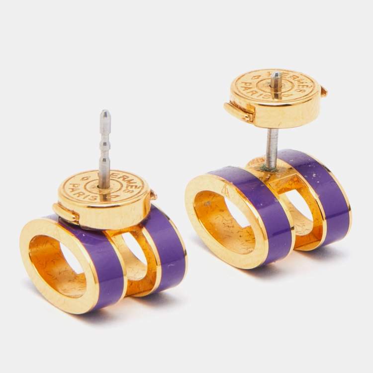 Pre Owned Hermes Pop H Purple Lacquered Gold Plated Stud Earrings