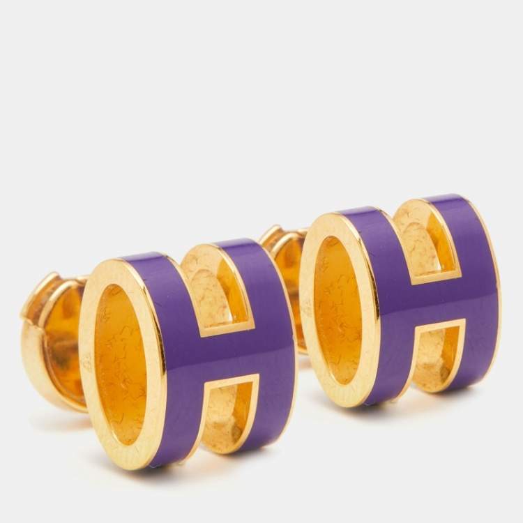 Pre Owned Hermes Pop H Purple Lacquered Gold Plated Stud Earrings