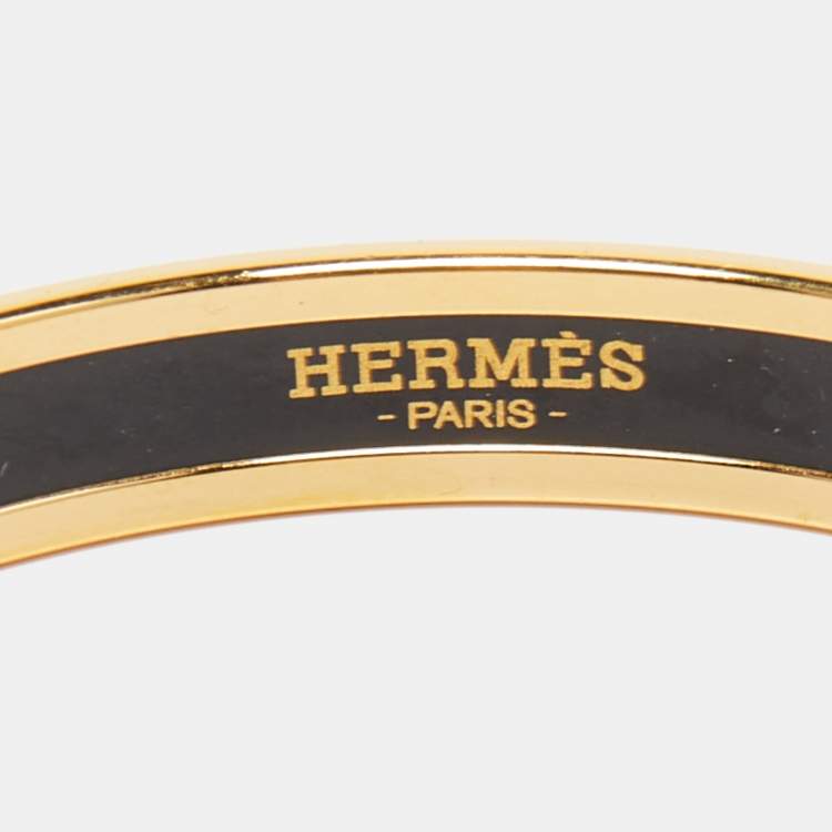 Pre Owned Hermes Sellier Engraved Enamel Gold Plated Narrow Bracelet