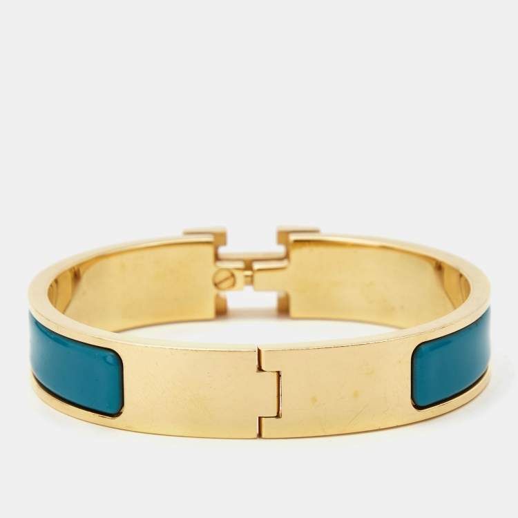 Pre Owned Hermes Clic H Blue Enamel Gold Plated Narrow Bracelet