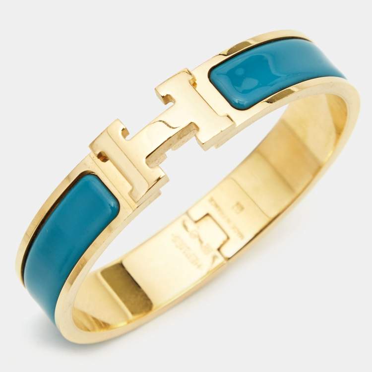 Pre Owned Hermes Clic H Blue Enamel Gold Plated Narrow Bracelet