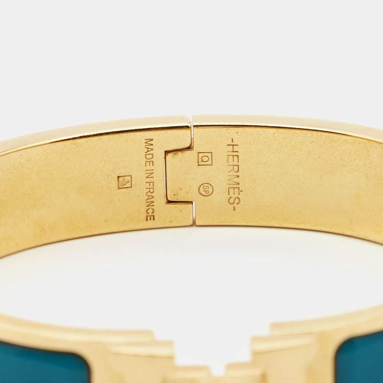 Pre Owned Hermes Clic H Blue Enamel Gold Plated Narrow Bracelet