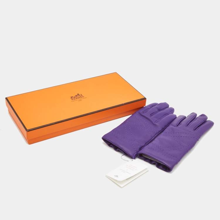 Pre Owned Hermès Purple Leather Stitch Detail Gloves Size 7