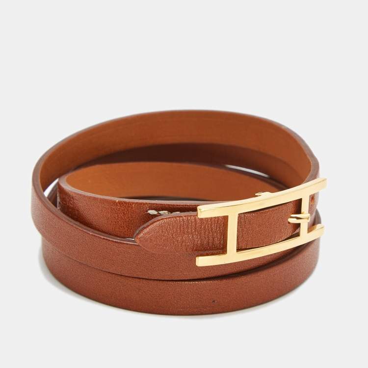 Pre Owned Hermes Behapi Leather Gold Tone Double Tour Bracelet