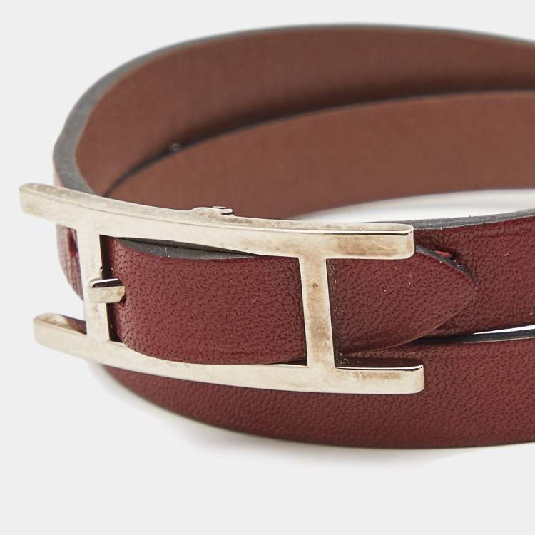 Pre Owned Hermes Behapi Leather Palladium Plated Double Tour Bracelet