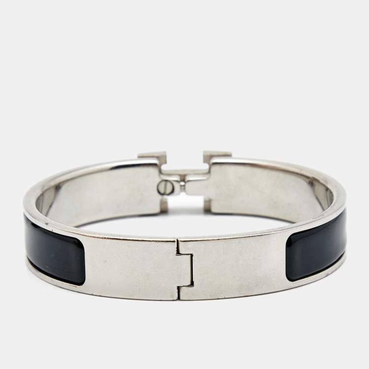 Pre Owned Hermes Clic H Black Enamel Plladium Plated Bracelet