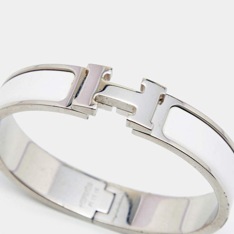 Pre Owned Hermes Clic H White Enamel Palladium Plated Bracelet