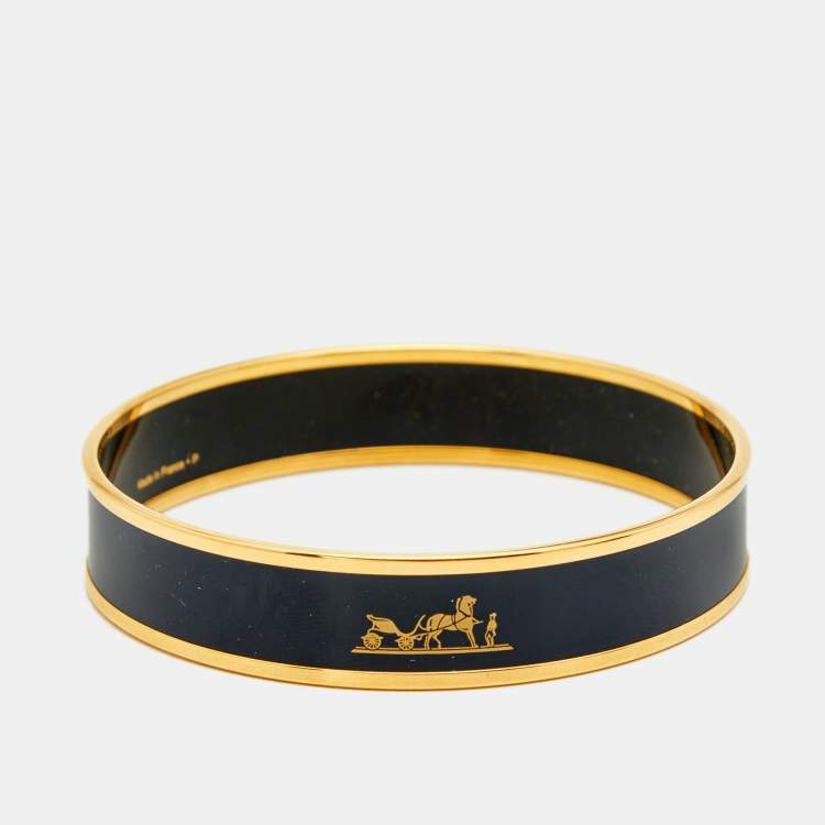 Pre Owned Hermes Caleche Enamel Gold Plated Wide Bangle Bracelet 