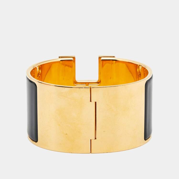 Pre Owned Hermes Clic Clac H Enamel Gold Plated Extra Wide Bracelet