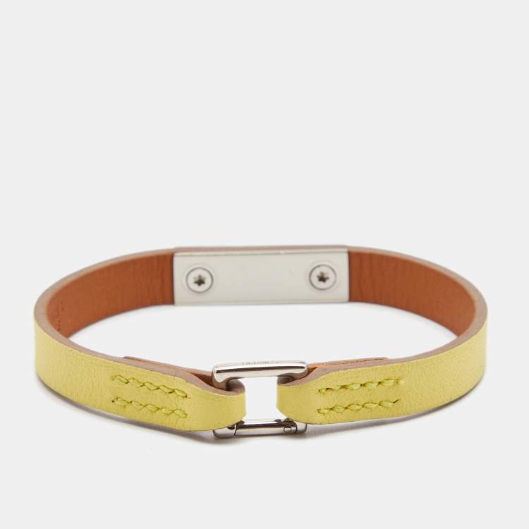 Pre Owned Hermes Micro Rivale Leather Palladium Plated Bracelet 
