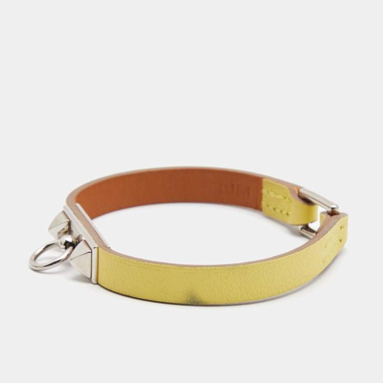 Pre Owned Hermes Micro Rivale Leather Palladium Plated Bracelet 