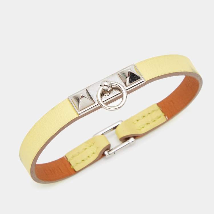Pre Owned Hermes Micro Rivale Leather Palladium Plated Bracelet 