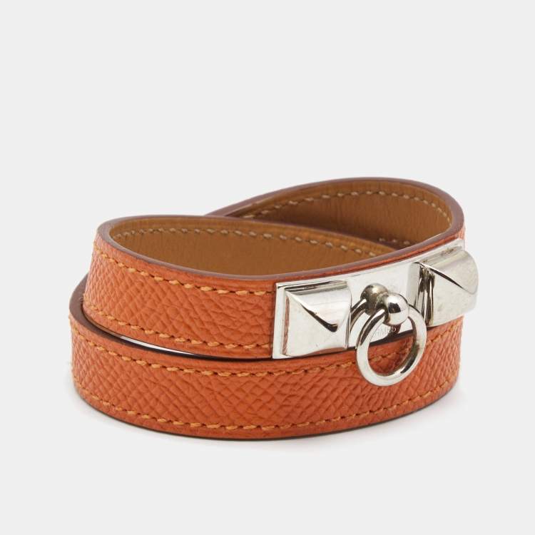 Pre Owned Hermès Orange Leather Palladium Plated Rivale Double Tour Bracelet 