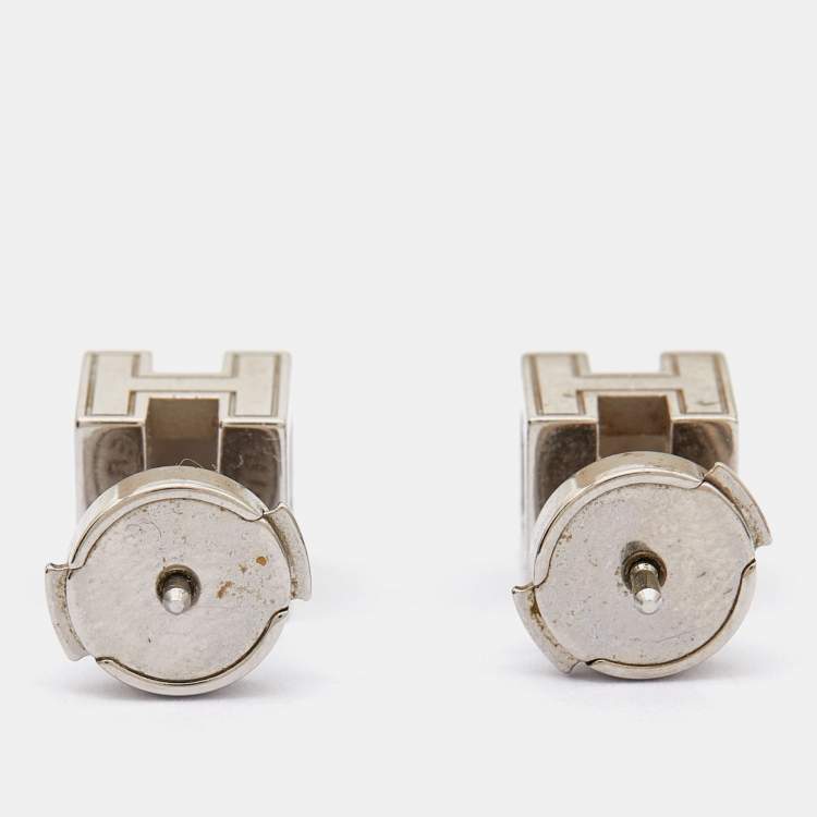 Pre Owned Hermes Cage d'H Blue Enamel Palladium Plated Earrings