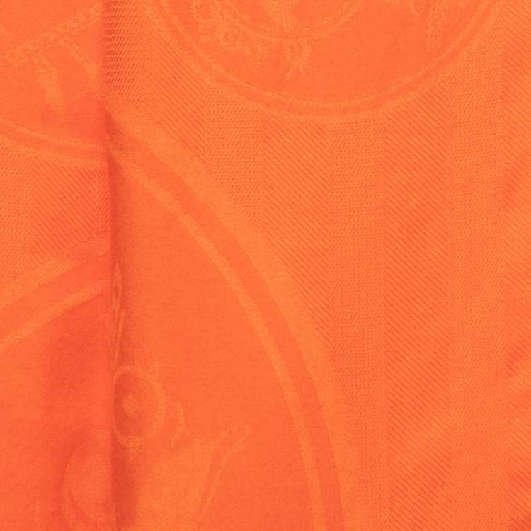 Pre Owned Hermes Orange H Logo Jacquard Cashmere & Silk Fringed Shawl
